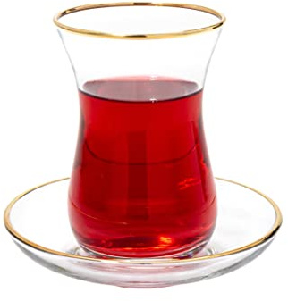 Vikko Clear Glass Turkish Tea Cups, 5.5 Oz, 6 Cups and Saucers, Gold Accented, Dishwasher Safe, 12 Items