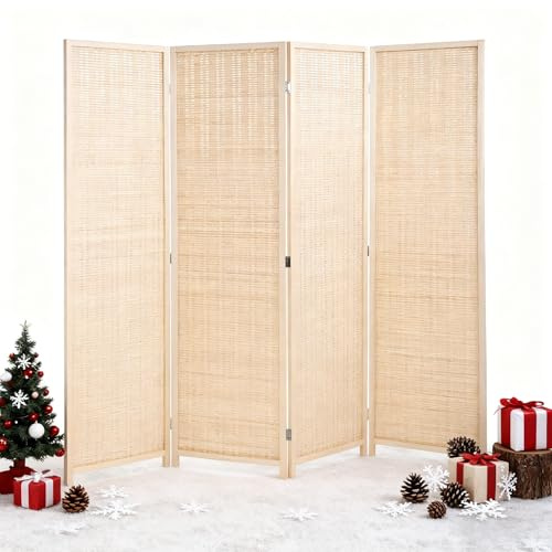Room Dividers and Folding Privacy Screens, 4 Panel 72 Inch Tall Fold Up Portable Room Partition Divider, Handwork Bamboo Mesh Woven Design Wall Divider Freestanding for Bedroom, Livingroom(Natural)