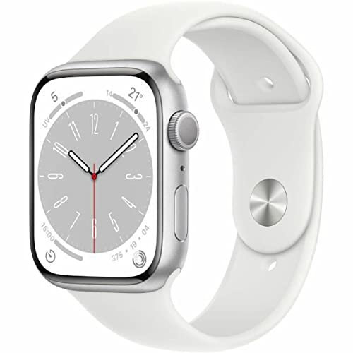 Apple Watch Series 8 GPS, Boîtier en Aluminium Argent de 45 mm, Bracelet Sport Blanc - Regular