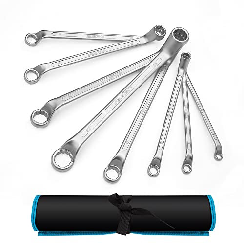 DURATECH Doppel-Ringschlüssel-Satz, Gekröpfter Schraubenschlüssel Set, um 75 Grad abgewinkelt, DIN 838, Chrom-Vanadium-Stahl, Matt verchromt, 8-teilig, SW 6-22 mm, mit Rolltasche