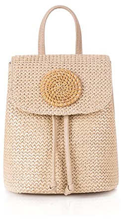 NICOLE & DORIS Damen Stroh Rucksack Böhmen Strohtasche Mode Rucksäcke Handtasche Sommer Daypack Rucksack mit Klappe Kordelzug Schultertasche Tagesrucksack Khaki