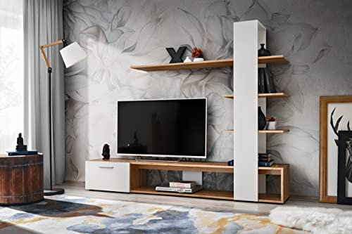 All4All Wohnwand Evo - Wohnzimmermöbel - Schrankwand für Wohnzimmer - Wohnzimmerschrank - Anbauwand mit Regalen - Schrank - Möbel für Wohnzimmer Modern Wotan+Weiß 21