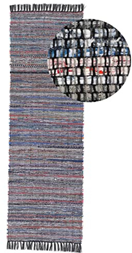 carpetfine Flickenteppich Kelim Chindi Läufer schwarz 80x300 cm | Fleckerlteppich aus Baumwolle für Wohnzimmermit Fransen