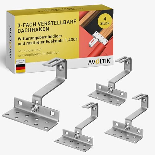 Avoltik 4x Dachhaken (3-fach verstellbar) Photovoltaik Halterung I Dachhalterungen Solarmodule A2 aus rostfreiem Edelstahl 1.4301 I robuste Dachhalterung Balkonkraftwerk zur sicheren Montage