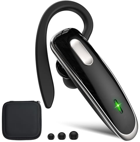 Jinreoo Bluetooth Headset V5.1, Wireless Hands-Free Earpiece with Noise Cancellation, Built-in Microphone for iPhone Android Business Calls - Black