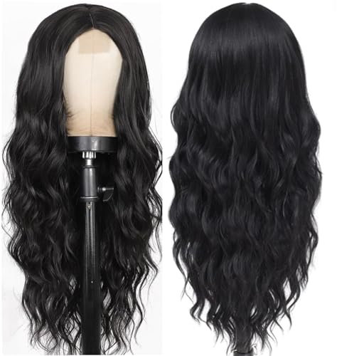Perücke Schwarz Lang Wellig für Damen Kunsthaar Synthetische Perücken wie Echthaar für Mädchen Tägliche Anwendung Halloween Karneval Wig VD099