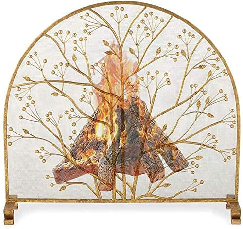 Funkenschutz, messingfarbenes Metall, freistehender Kaminschutz/Flachpaneel-Feuerschutz/Funkenschutz – Dekorzweig-Design, 90 cm hoch (Farbe: Gold) The New
