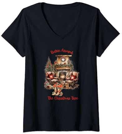 Navidad, árbol de Navidad, chimenea, botas de vaquero Camiseta Cuello V