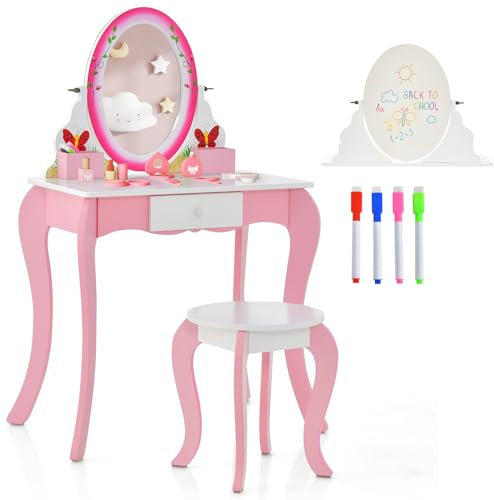 DREAMADE 2 in 1 Kinder Schminktisch mit 360° drehbarem und Abnehmbarer Spiegel, Prinzessin Frisiertisch mit Schublade aus Holz, Kosmetiktisch Kinderschminktisch für Mädchen (Rosa-Schmetterling)