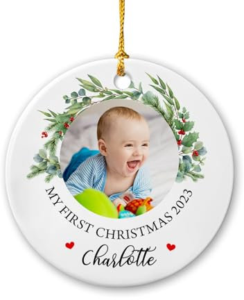 Christbaumschmuck Keramik Weihnachtsanhänger Anhänger Weihnachtsbaumschmuck Hängende Ornamente Weihnachtsdeko Personalisierter Bilderrahmen „My First 2023“, Babys Erster Kranz, Individuelles Foto,
