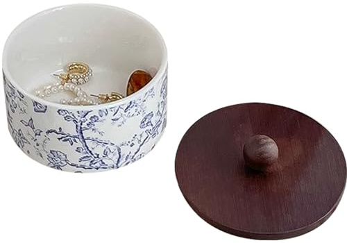 EHERDM Keramik-Schmuckschatulle mit Holzdeckel, blau-weiß, Schmucketui, Ringhalter, Schmuckkästchen, Vintage-Blumenmuster, Porzellan, rund, Schmuckkästchen für Ringe, Ohrringe, Halsketten, Armbänder,