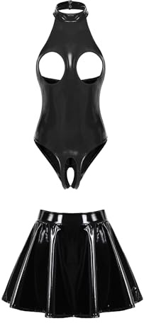 FEESHOW Damen Wetlook Catsuit Ouvert Brustfreier Body Lackleder Rock Set Reizwäsche Offener Schritt Brüste Nachtwäsche A_Schwarz S
