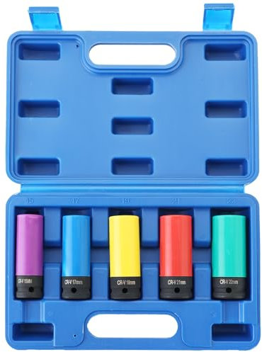 DASBET 1/2 Inch Drive Wheel Protector Impact Socket, 5PCS Lug Nut Impact Socket Set Ultimate Wheel Protector Impact Socket Set 6 Point, Metric, 15mm, 17mm, 19mm, 21mm, 22mm