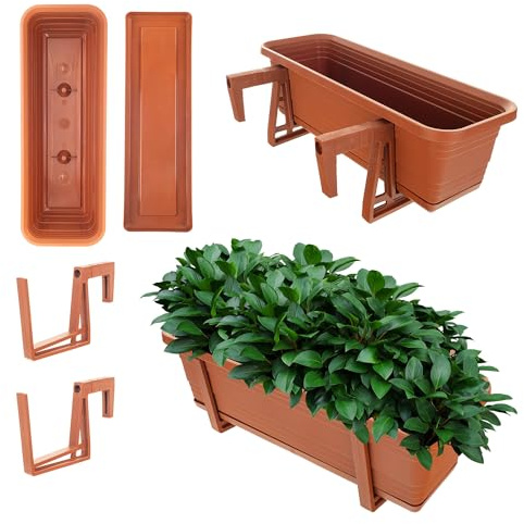 KADAX Blumenkasten mit Untersetzer im Set, mit oder ohne Blumenkastenhalterungen, Balkontopf aus Kunststoff, Pflanz-Kasten, Geländerkasten, Blumentopf (Ziegelrot, 50cm + Halterungen)