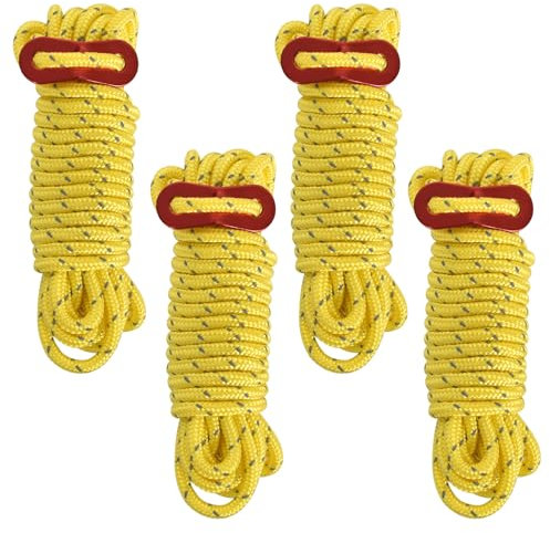 Confezione da 4 Corde da Campeggio,4m x4 mm Tiranti Corda per Tende,Corda per Tenda Riflettente,Corda da Campeggio Leggera con Tenditore,per tende da Campeggio all'aperto Antivento (Giallo)