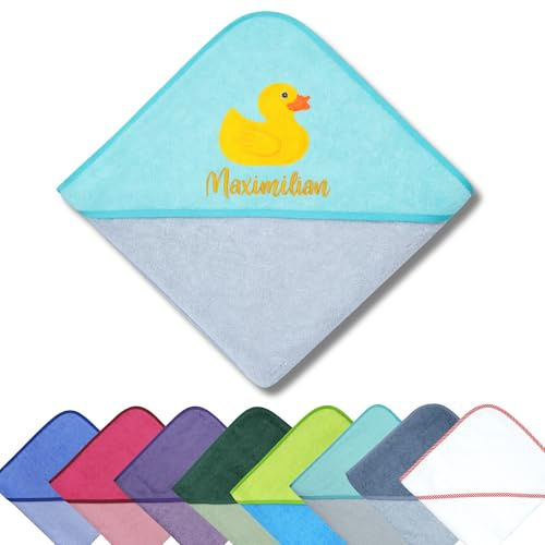 Generisch Kapuzenhandtuch mit Quietscheente – 100x100cm – Bestickt – personalisiert mit Namen – Geschenk zur Geburt oder Taufe – Babyhandtuch – WÖRNER – Kapuzenhandtuch Baby