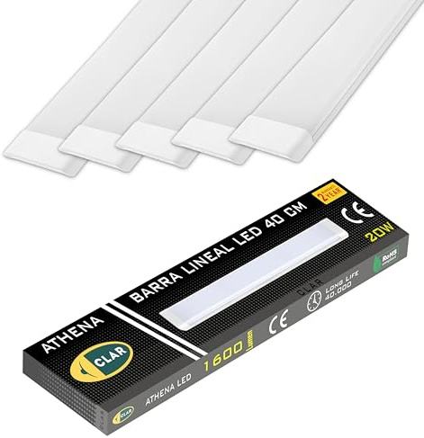 CLAR - Pantalla LED 40 cm, Barra y Regleta LED, Luminaria Cocina Techo 6500ºK (20W Pack 5)