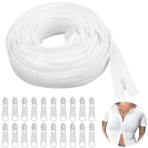 Oändlig dragkedja med dragkedja, vit, 10 m, oändlig dragkedja med dragkedja, nylondragkedja, ändlös dragkedja med 20 reglage i metall, ändlös dragkedja, metervara för lakan, kuddar, kläder