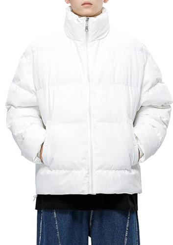 Men's Puffer Jackets Long Sleeve Lightweight Stand Collar Down Jakcet Thicken Casual Warm Solid Color Down Coat Windproof Waterproof Puffy Jackets White