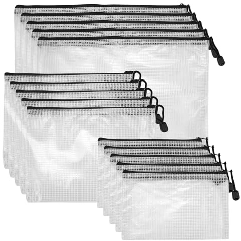 15 Stück Dokumententasche A4+A5+A6, Dokumententasche mit Reißverschluss | Transparente Wasserdichte Zipper Beutel, Mesh Kunststoff Reißverschlusstasche für Dokumente, Kosmetika, Reisezubehör