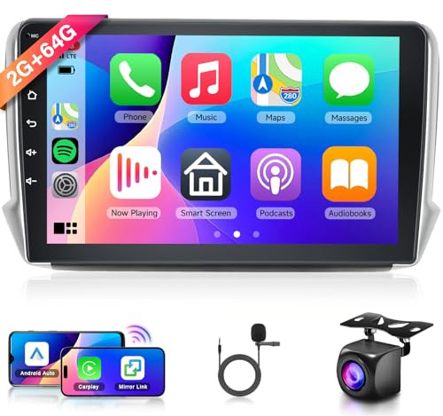 2G 64G Android 13 Radio de Coche para Peugeot 2008 208 2012-2018 10.1 Pulgadas Pantalla Táctil Radio con Wireless Carplay Android Auto GPS Mirror Link Bluetooth FM/RDS Radio WiFi USB+ Cámara Trasera