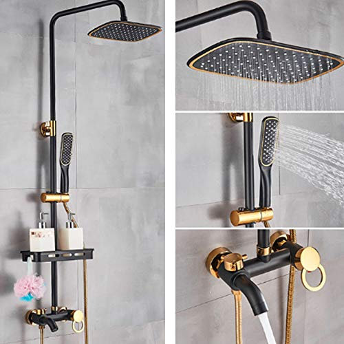 BRRIDE Regendusche Duschsystem mit Ablage, Duschset Duschstange Quadrat Kopfbrause 19x26cm, Messing Duscharmatur Brausegarnitur, Verstellbare Duschstange, Regendusche mit Armatur