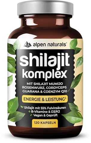 Shilajit Komplex für Energie & Fokus – Mit 55% Fulvinsäure, Cordyceps, Rhodiola, Guarana, Q10, Vitamin B6, B12, D3 + K2 – 120 Kapseln