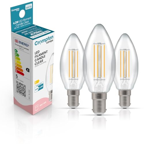 Crompton Lamps Filament Candle LED Light Bulb SBC-B15d | 4.2W = 40W Equivalent | Cool White 4000K | Energy Efficient | Small Bayonet Lightbulb | Long Life 15,000-Hrs | Clear Glass | 3-Pack