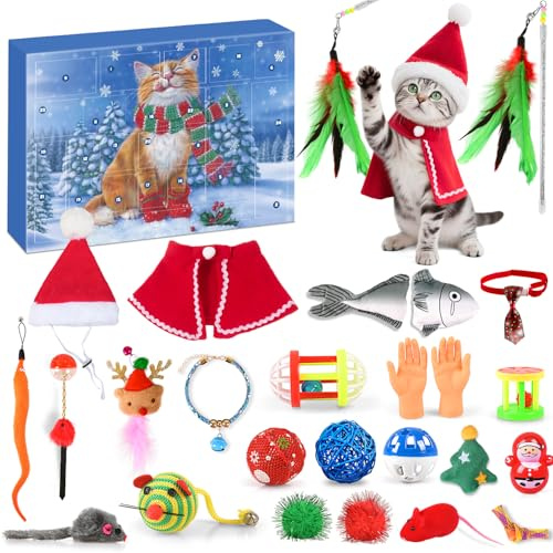 iZoeL Calendrier de l'Avent Chat Calendrier de l'Avent 2025 Chat, Cadeaux Noel pour Animaux, 24 Jouets Interactifs d'intérieur - Colliers Boules Cloche Poisson Chapeau Petite Cape