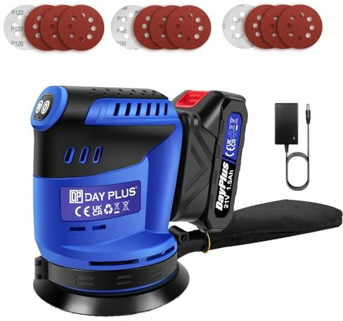 Levigatrice Palmare a Batteria 21V,Oscillazione 2.8mm,3 Velocità Regolabili, Multiuso per Legno,Metallo e Superfici Verniciate - Kit con Sacchetto Polvere e 12 Carte Vetrate,1 batteria,1 caricatore