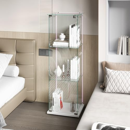 TIMORWTF Vitrine aus Glas mit LED-Lichtband, Moderner Vitrinenschrank mit 3 Regalen und Tür, Wandvitrine für Sammlung, für Schlafzimmer, Wohnzimmer und Esszimmer, 123x40x35cm, Schwarz