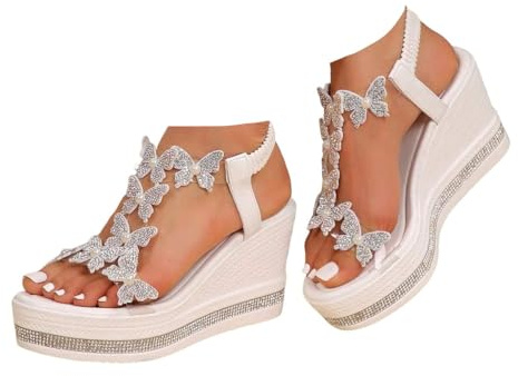Xbemkste sandaler med kilklack damer platåsandaler höga klackar sandaler med glitter strass fjäril eleganta sommarsandaler för fest bröllop