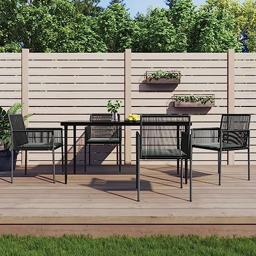 Qnhdfrt Garten Essgruppe 5 TLG Schwarz Poly Rattan Stahl Gestell mit Kissen Outdoor Esstisch und Stühle Set für Balkon Terrasse Garten