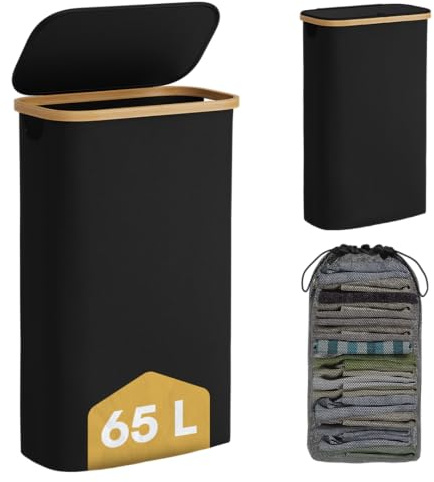Bellamio Tolt Wäschekorb schwarz – schmaler Wäschesammler 65 L mit Deckel – Wäschesammelbox aus Oxford-Gewebe mit Bambusring – Schmutzwäschebehälter mit herausnehmbarem Wäschesack – Wäschetonne hoch