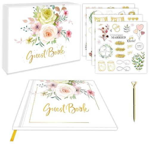 Wisnewth Hochwertiges Gästebuch für Hochzeiten mit 120 Seiten und Floralam Cover mit Goldprägung - Inklusive Stift, Stickern und Hochwertiger Geschenkbox