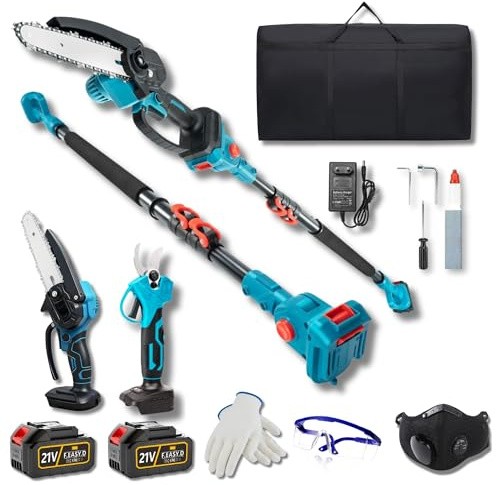 GardenEdge Kit Potatura Elettrico 3 in 1: Forbici Potatura a Batteria Ø30–40 mm Tagliarami + Motosega da potatura 8 Pollici + Asta telescopica 2,5M, 2 Batterie 6000 mAh_Accesori e Borsa per Trasporto