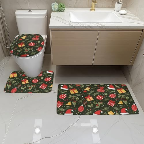 Badezimmerteppich Set 3 Teilig Gelbe Rote Weihnachten WC Teppich Schnell Trocknend Badvorleger rutschfest Badgarnitur 3 Teilig Stand WC Waschbar Bad Teppiche Set Dekoration 50x80 cm