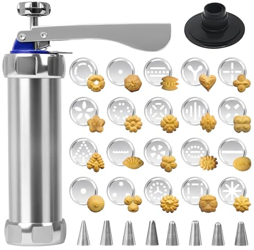YOUNGSAY Pistolet à Patisserie, Acier Inoxydable Presse a Biscuit, DIY Presse Biscuit avec 20 Gabarits et 8 Buses pour les Gâteaux et les Biscuits