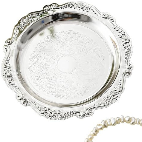 1 Pc Silver Vintage Trinket Dish Tray Holder, Embossed Design, Round Metal Cake Plate Mini Dessert Tray, For Serving Small Cakes, Candies, Nuts, Jewelry Display, Ring Holder, Decorative Accent(4 Inch)