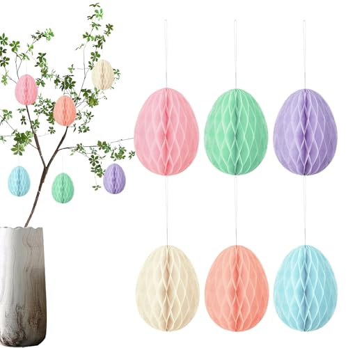 Vårpåskprydnader, set med 6 äggberlocker, semesterdekoration med färgglad design, sfäriska ornament med material, påskdekoration med feststil