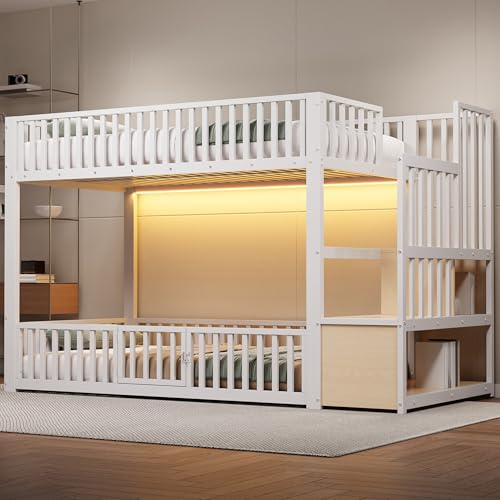 YuQozii Letto a castello 90 x 200 cm, con scaletta, con LED, letto per ragazzi (bianco)