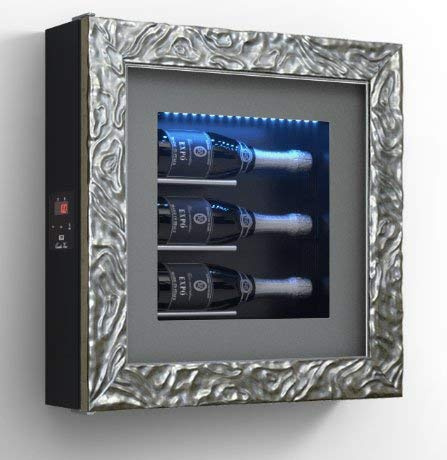 dafnedesign. com – Marco VINO – Expositor separados para tres botellas de horizontal. Estructura de metal. Estructura Puerta de aluminio. Marco de madera/HPL vetrocamera 20 mm. Junta magnético. Panel