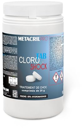Metacril Pro Cloro Shock Tab, Tratamiento de Choque, para Piscinas y jacuzzis, en tabletas de 20 g de disolución rápida - 1 KG | Pastillas de rápida disolución, ideales para el tratamiento inicial o choque del agua de piscinas y spas de hidromasaje