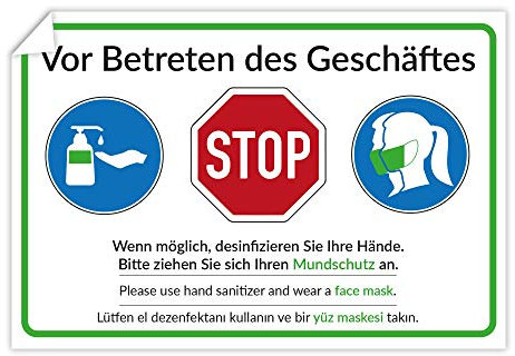 stempel-fabrik – 3 Stück Aufkleber Mundschutz tragen + Hände desinfizieren mit Piktogrammen – selbstklebende Hygieneplan Hinweisschilder für Einzelhandel – Deutsch, Englisch & Türkisch (300x200 mm)