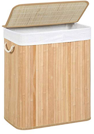 SONGMICS LCB071N02 Laundry Basket, 100 L Laundry Basket, Dirty Sorting Compartment, Bamboo Lid, Handles, Foldable, Removable Machine Washable Bag, for Laundry Room, Bedroom, Wood Colour