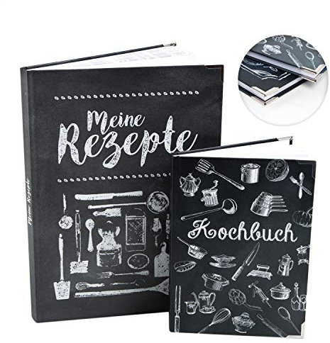 Logbuch-Verlag Notizbücher für die Küche SET - 2 leere Rezeptbücher zum Selber Schreiben DIN A4 + A5 schwarz weiß - Geschenk Muttertag