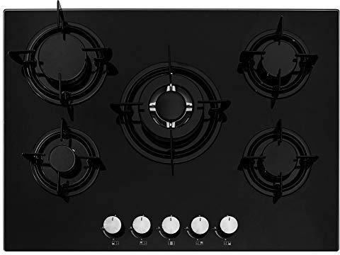 Cookology GGH700BK 70cm Cooktop Burner Gas Hob in Black - 5 Cooking Zones - Enamel Pan Supports - Wok Burner - Automatic Ignition Dials - Flame Failure safety