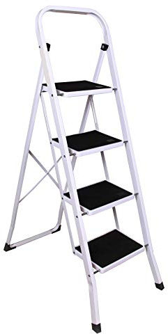 Klapptritt mit Schwarze Riffelmatten 4 Stahlstufen Trittleiter Klappleiter Klapptreppe Tritt Haushaltstritt Stehleiter Sprossenleiter, 150 kg max Belastung, TÜV Rheinland GS-Zertifikat