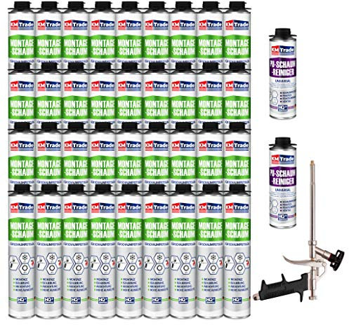 KM Trade Bauschaum-Set - Inkl. 36x 1K Montageschaum (je 750 ml), 1x Schaum-Pistole & 2x PU-Schaum-Reiniger (500 ml)