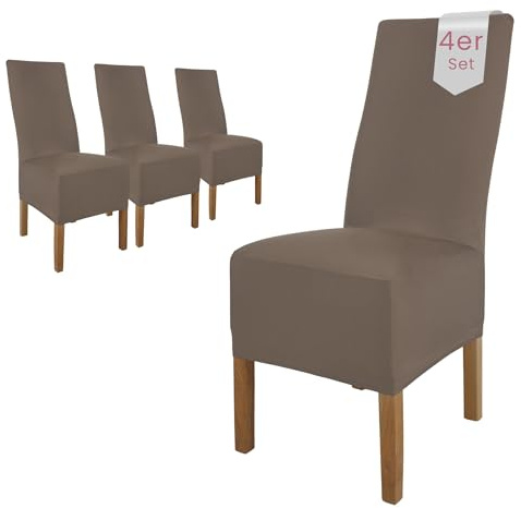 Scheffler Home Stuhlhussen 4er Set in Taupe Stretch Lena | Elastische Stuhlbezüge, waschbar, bügelfrei und pflegeleicht, für Polsterstühle und Esszimmerstühle